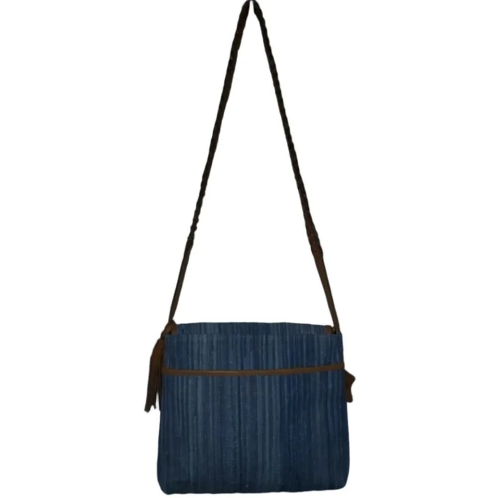 Denim Blue Woven Leather Trim Shoulder Crossbody Bag
